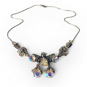 Vintage Czech Filigree Cone Aurora Borealis Rhinestone Silver Tone Necklace.